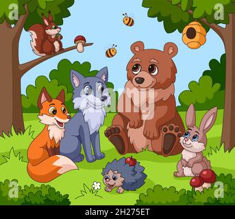 cute animals, rabbit bear bush mushroom nature cartoon vector ...