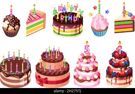 Sweet birthday cakes. Happy celebration cake, anniversary party sweet muffin with candles. Isolated holiday confectionery gifts garish vector set Stock Vector