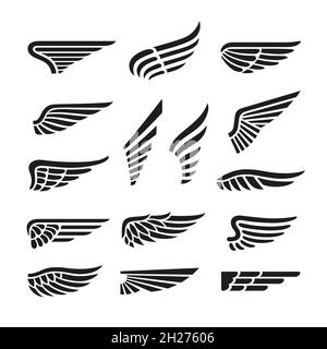 Isolated wings icons. Vintage wing, retro air elements. Isolated black abstract eagle, bird or plane parts, aviation or freedom tidy vector symbols Stock Vector