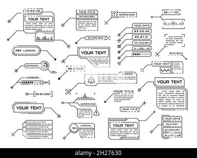 Callouts titles. Isolated tech digital callout template, hud style text title. Futuristic technology textbox, presentation lower frame tidy vector set Stock Vector