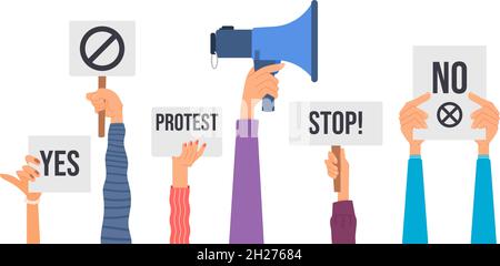 Hands with placards. Protest placard, hand holding manifests banners. No and yes, politic activist picket, demonstration crowd decent vector banner Stock Vector