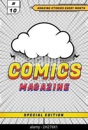 Comic poster template. Art comics book cover, blank retro magazine card. Flyer or brochure with cartoon cloud and 3d letters decent vector element Stock Vector