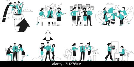 Successful business startup. Flat professional people, office workers. Executive employee, teamwork and leadership, career recent vector scenes Stock Vector