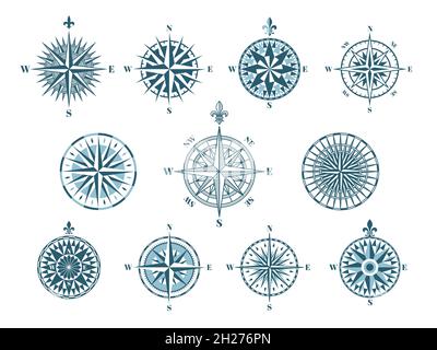 Vintage compass. Wind rose icons, map cartography elements. Geographic and discovery, travel forest adventures equipment. Nautical logo tidy vector Stock Vector