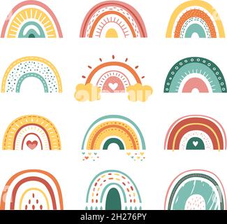 Scandinavian rainbows. Color rainbow stripes, different abstract kids art. Modern nursery baby stickers, cute boho simple classy vector elements Stock Vector