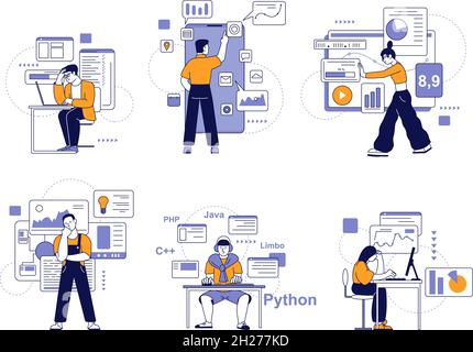People programming. Professional java developers, engineering script. Geek working, engineer or coder work screens recent vector characters Stock Vector