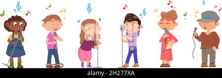 Kids choir. Cute vocal art, children singing together. Cartoon young vocalist concert, teens sing song. Music school or lesson decent vector concept Stock Vector