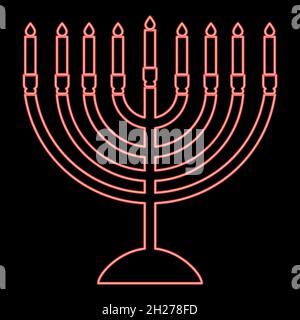 Neon menorah for hanukkah icon black color in circle outline vector illustration red color vector illustration flat style light image Stock Vector