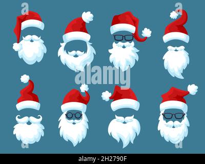 Santa hats with white beards. Red hat, christmas man costume. Beard and mustache, new year caps. Xmas face photo stickers garish vector set Stock Vector