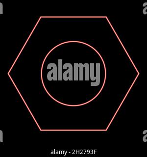 Neon hex nut icon black color in circle outline vector illustration red color vector illustration flat style light image Stock Vector
