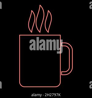 Neon cup with hot drink icon black color in circle outline vector illustration red color vector illustration flat style light image Stock Vector
