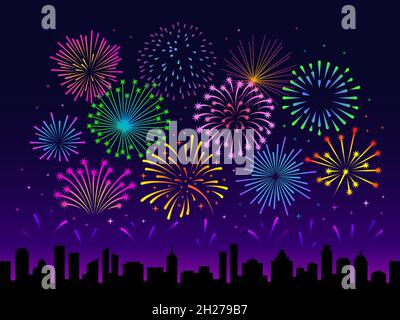 Night city fireworks. Firework festival scene, summer celebrate. New year holiday landscape, town silhouette and show in sky. Carnival tidy vector Stock Vector