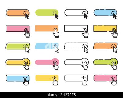 Click buttons. Clicked button, website buy interface elements. Internet page bar, cursor pointer and direction tools. Isolated computer design tidy Stock Vector