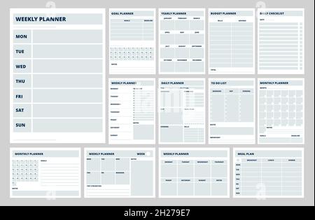 Blank planner templates. Business planners, weekly, daily or meal plan pages. Notebook papers, strategy and year goals. To do list, diary recent Stock Vector