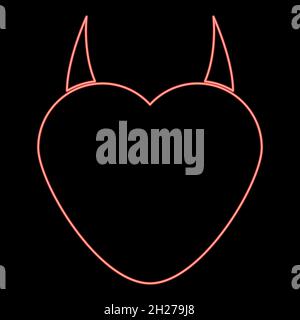 Neon heart with devil horn icon black color in circle outline vector illustration red color vector illustration flat style light image Stock Vector