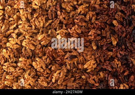 Walnuts background. walnut kernels located by light to dark  gradient look. top view. Stock Photo