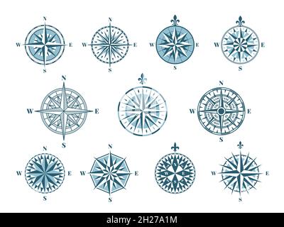 Wind rose compass icons. Cartography elements, vintage navigation. Marine signs, east north nautical pointer. Discovery arrow tidy vector set Stock Vector