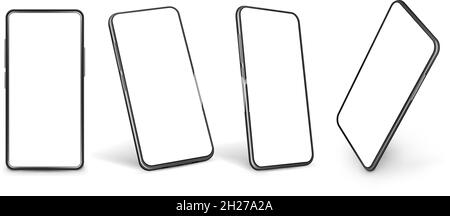 Smartphone mockup. Mobile phone model, smartphones modern display in perspective. Graphic isolated 3d devices with blank screen exact vector set Stock Vector