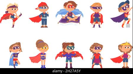 Kids superheroes. Cartoon imagination, superhero kid. Cute children in suits with red capes. Isolated heroes group, child wear costume decent vector Stock Vector