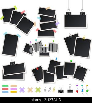 Realistic photo frame with color pins, vector illustration on ...