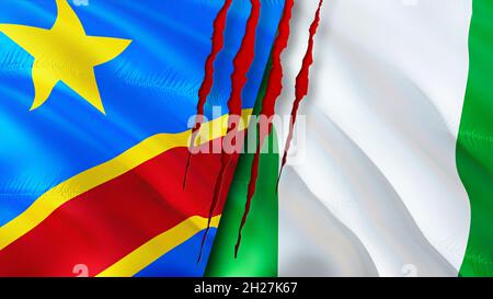 DR Congo and Nigeria flags with scar concept. Waving flag,3D rendering. Nigeria and DR Congo conflict concept. DR Congo Nigeria relations concept. fla Stock Photo