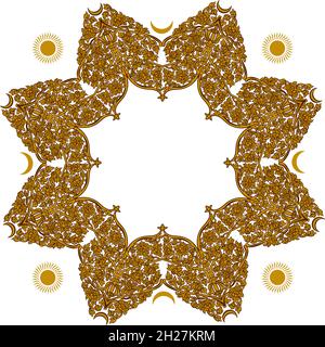 Hand-drawn sandy yellow vector mandala. Oriental pattern with twigs, leaves, flowers, sun and moon. Frame for text, website and social networks. Esote Stock Vector