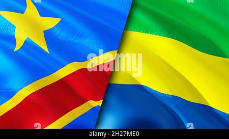 DR Congo and Gabon flags. 3D Waving flag design. Gabon DR Congo flag, picture, wallpaper. DR Congo vs Gabon image,3D rendering. DR Congo Gabon relatio Stock Photo