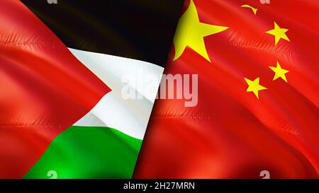 Palestine and China flags. 3D Waving flag design. Palestine China flag, picture, wallpaper. Palestine vs China image,3D rendering. Palestine China rel Stock Photo