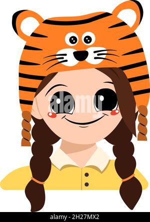 Girl with big eyes and wide smile in tiger hat. Cute kid with joyful face in festive costume for New Year, Christmas and holiday. Head of adorable child with happy emotions Stock Vector
