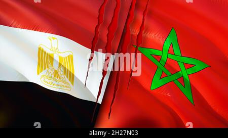 Egypt and Morocco flags with scar concept. Waving flag,3D rendering. Morocco and Egypt conflict concept. Egypt Morocco relations concept. flag of Egyp Stock Photo