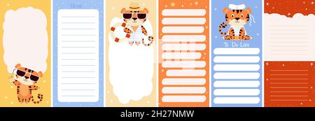 Set of weekly or daily planner, note paper, to-do list decorated with summer tiger on vacation with lifebuoy and cocktail with sun glasses. Vector Stock Vector