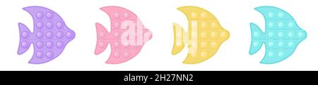 Set of popit fish in style a fashionable silicon fidget toys. Addictive antistress toy in pastel colors - pink, blue, yellow, purple. Bubble sensory d Stock Vector