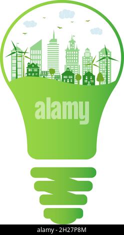 Green city and environment conservation. Silhouette ecological city with renewable energy sources. Green city inside the electric bulb. Vector. Stock Vector