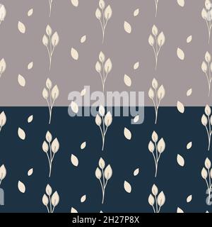 Hand painted seamless pattern. Leaves branch silhouettes illustration in grey, cream white. Modern minimal natural textile print. Dark blue or beige Stock Vector
