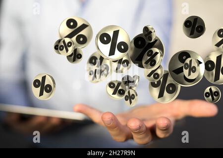 Person presenting 3D render of exploding discount cubes with percent ...