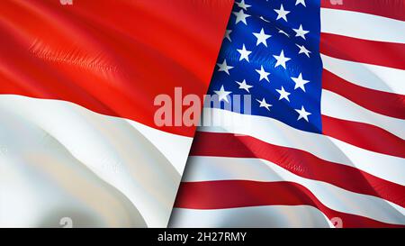 Indonesia and USA flags. 3D Waving flag design. Indonesia USA flag, picture, wallpaper. Indonesia vs USA image,3D rendering. Indonesia USA relations a Stock Photo