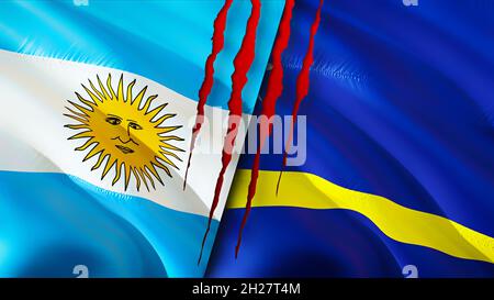 Argentina and Curacao flags with scar concept. Waving flag 3D rendering. Argentina and Curacao conflict concept. Argentina Curacao relations concept. Stock Photo