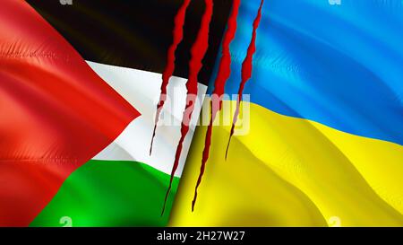 Palestine and Ukraine flags with scar concept. Waving flag,3D rendering. Palestine and Ukraine conflict concept. Palestine Ukraine relations concept. Stock Photo