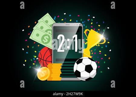 Online sport betting mobile app banner design template with statistics scoreboard on smartphone screen and soccer basketball ball, trophy award cup and winner dollar coins. Bookmaker promo advertising Stock Vector