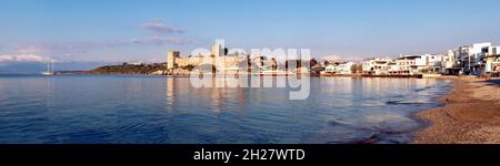 Panoramic photo of Bodrum castle when sun rising in Bodrum, Mugla, Turkey. Tourism and leisure concept. Stock Photo