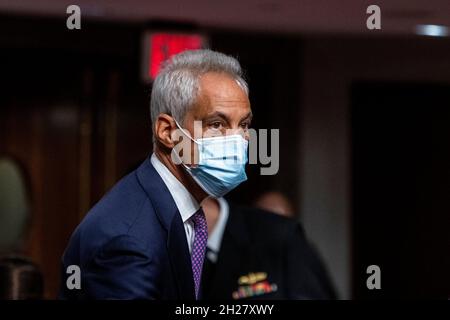 Rahm Emanuel arrives for a Senate Committee on Foreign Relations hearing for his nomination to be Ambassador to Japan in the Dirksen Senate Office Building in Washington, DC, Wednesday, October 20, 2021. Credit: Rod Lamkey/CNP /MediaPunch Stock Photo