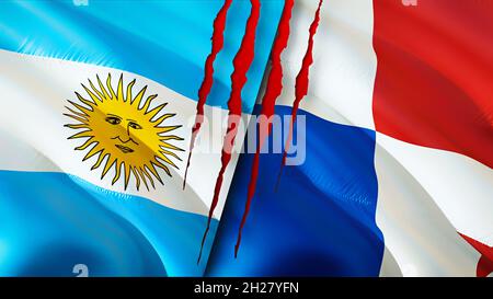 Argentina and Panama flags with scar concept. Waving flag 3D rendering. Argentina and Panama conflict concept. Argentina Panama relations concept. fla Stock Photo