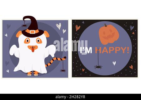 Cute cards with funny ghost tiger in witch hat for Halloween. Vector illustration with text I am happy. Bright greeting halloween square postcard Stock Vector
