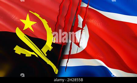 Angola and North Korea flags with scar concept. Waving flag 3D rendering. Angola and North Korea conflict concept. Angola North Korea relations concep Stock Photo