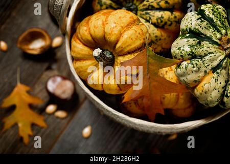 orange and green pumpkins in basket on wooden background Stock Photo