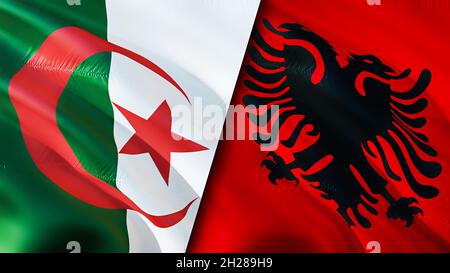 Algeria and Albania flags. 3D Waving flag design. Algeria Albania flag, picture, wallpaper. Algeria vs Albania image,3D rendering. Algeria Albania rel Stock Photo