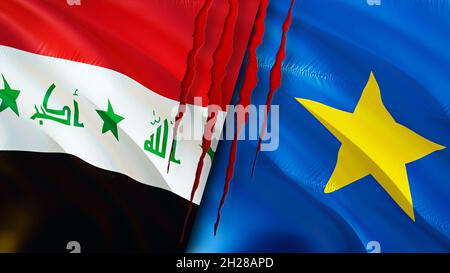 Iraq and DR Congo flags with scar concept. Waving flag,3D rendering. DR Congo and Iraq conflict concept. Iraq DR Congo relations concept. flag of Iraq Stock Photo
