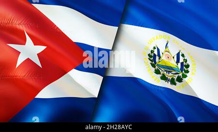 Cuba and El Salvador flags. 3D Waving flag design. Cuba El Salvador flag, picture, wallpaper. Cuba vs El Salvador image,3D rendering. Cuba El Salvador Stock Photo