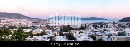 Panoramic shot of bodrum castle when at sunset Bodrum, Mugla, Turkey. Tourism and leisure concept. Stock Photo