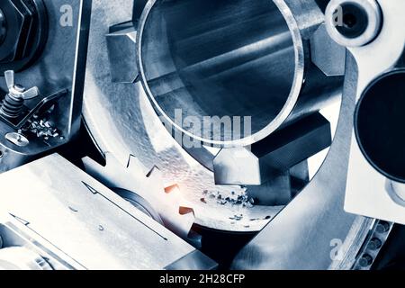 Industrial circular saw machine for metal close-up, industrial metal concept background Stock Photo
